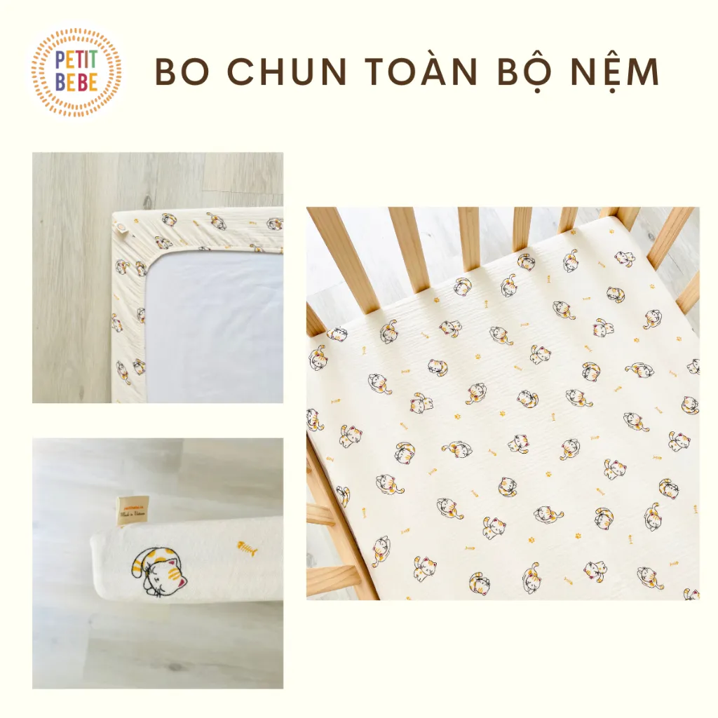 Ảnh Ga bọc nệm cũi nhiều kích thước muslin cho bé PETIT BEBE bo chun thấm hút thoáng khí giường ghép 2
