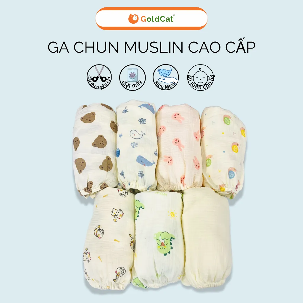 Ảnh Ga Cũi Cho Bé GOLDCAT Chất Liệu Muslin 100% Cotton Cao Cấp Mềm Mát, Viền Chun Ôm Đệm, Kích Thước Đa Dạng 1