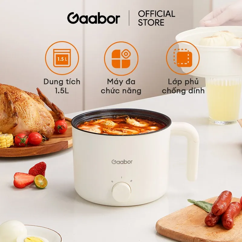 Ảnh Gaabor GR-N15A Nồi lẩu điện mini đa năng 1.5L công suất 600W dùng nấu mì,xào, hầm siêu tiện lợi tặng kèm lồng hấp 1
