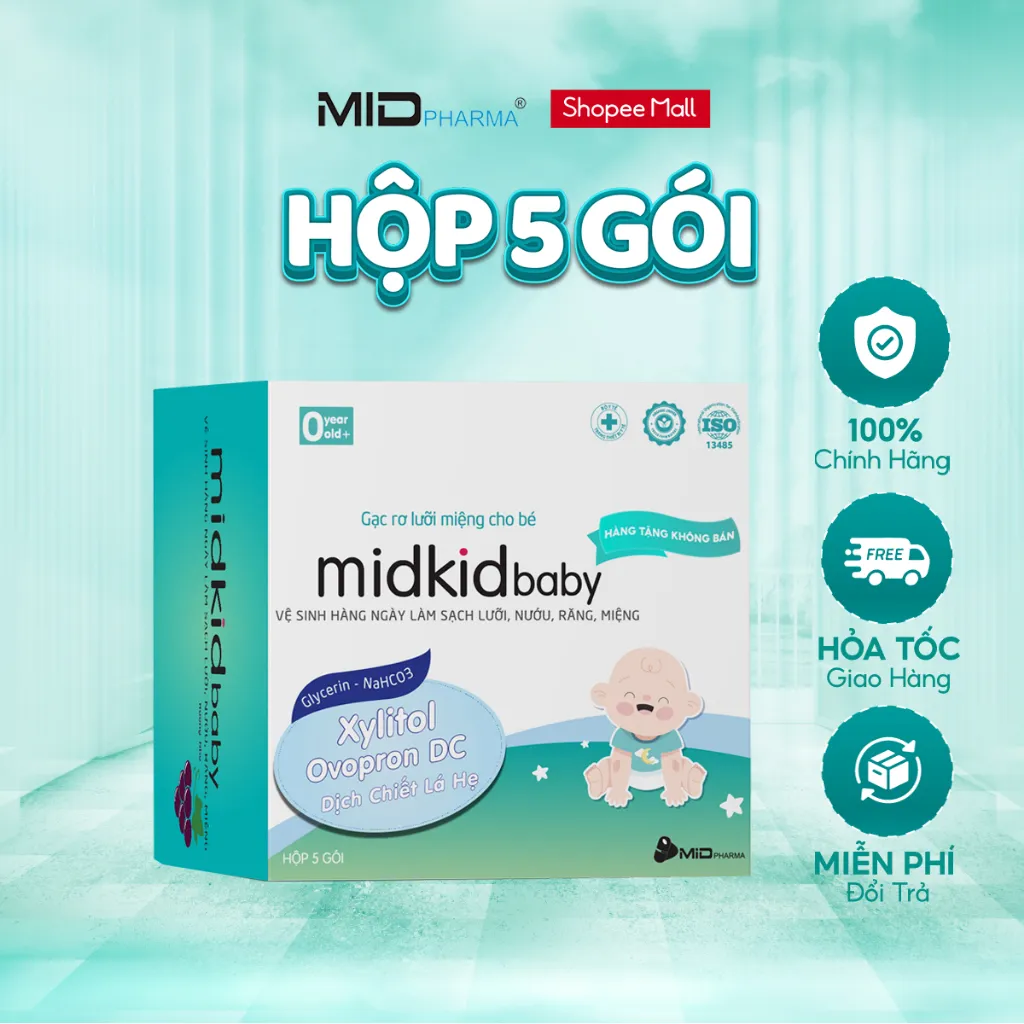 Ảnh Gạc rơ lưỡi Midkidbaby đạt tiêu chuẩn iso 5 sao, hộp 05 gói ướt, giúp làm sạch răng, lưỡi, nướu 1