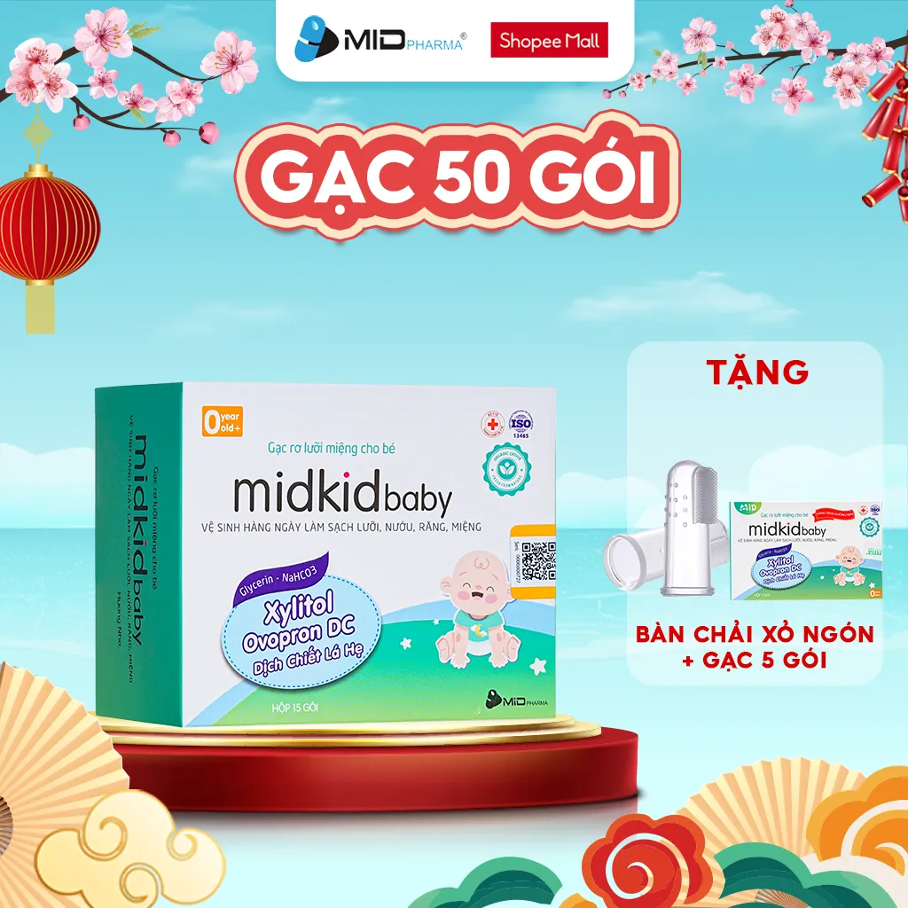 Ảnh Gạc rơ lưỡi MidkidBaby hộp 50 gói ướt cho bé sơ sinh giúp làm sạch răng nướu lưỡi, tiêu chuẩn ISO 5* 1