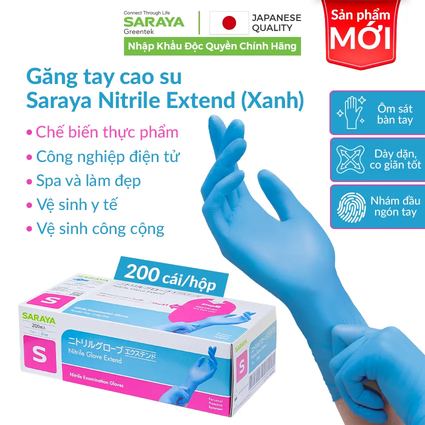 Ảnh Găng tay cao su Saraya Nitrile Glove Extend (Màu Xanh), dùng trong thực phẩm, làm đẹp, công nghiệp - 200 cái/hộp 2
