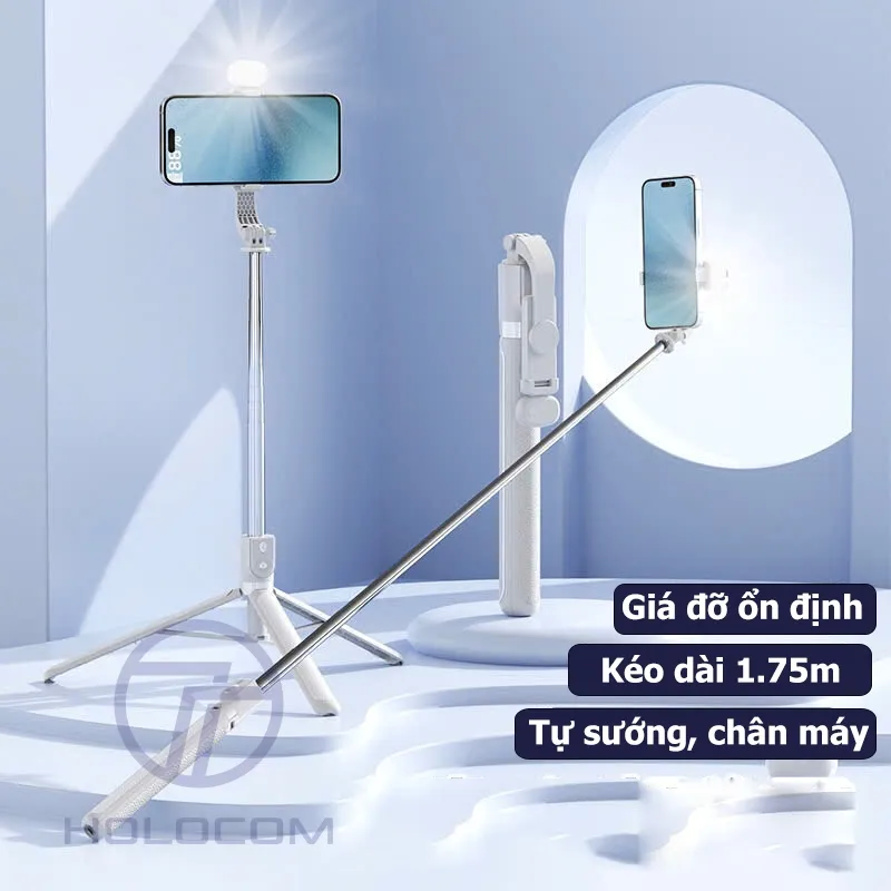 Ảnh Gậy chụp ảnh 3 chân selfie 1M75 kiêm tripod điện thoại quay video livestream có điều khiển từ xa - HOLOCOM 3