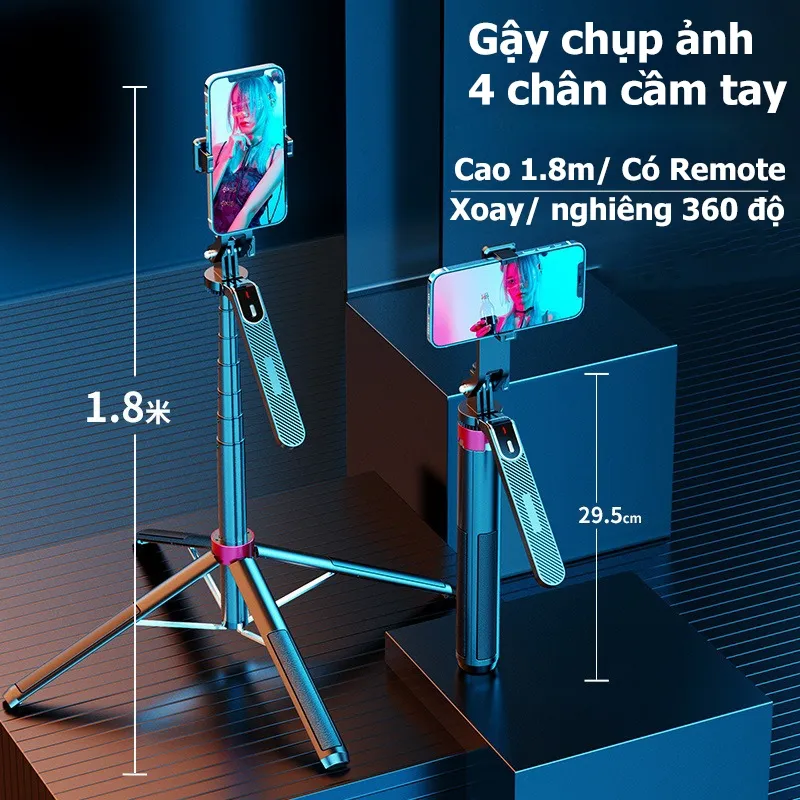 Ảnh Gậy Chụp Ảnh 4 Chân Selfie P185 Xoay 360 Kiêm Tripod Điện Thoại Để Chụp Hình Quay Video,Livestream Gấp Gọn Kéo Dài 180cm 2