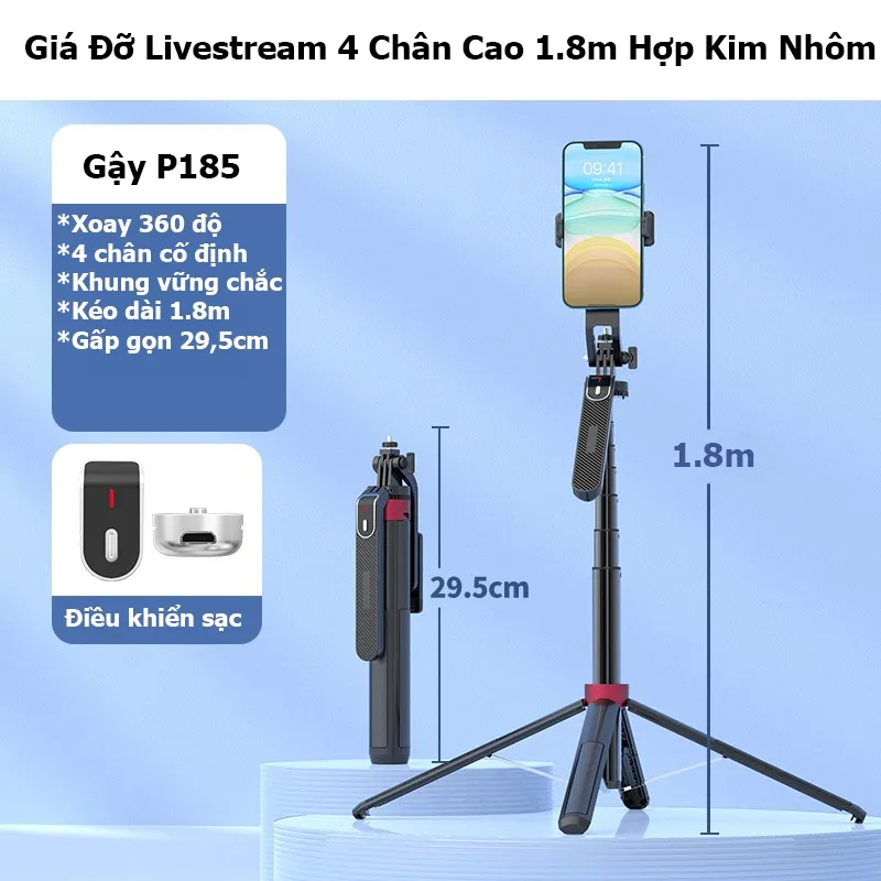 Ảnh Gậy Chụp Ảnh 4 Chân Selfie P185 Xoay 360 Kiêm Tripod Điện Thoại Để Chụp Hình Quay Video,Livestream Gấp Gọn Kéo Dài 180cm 3