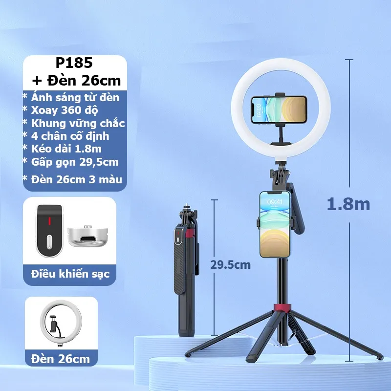 Ảnh Gậy Chụp Ảnh 4 Chân Selfie P185 Xoay 360 Kiêm Tripod Điện Thoại Để Chụp Hình Quay Video,Livestream Gấp Gọn Kéo Dài 180cm 4
