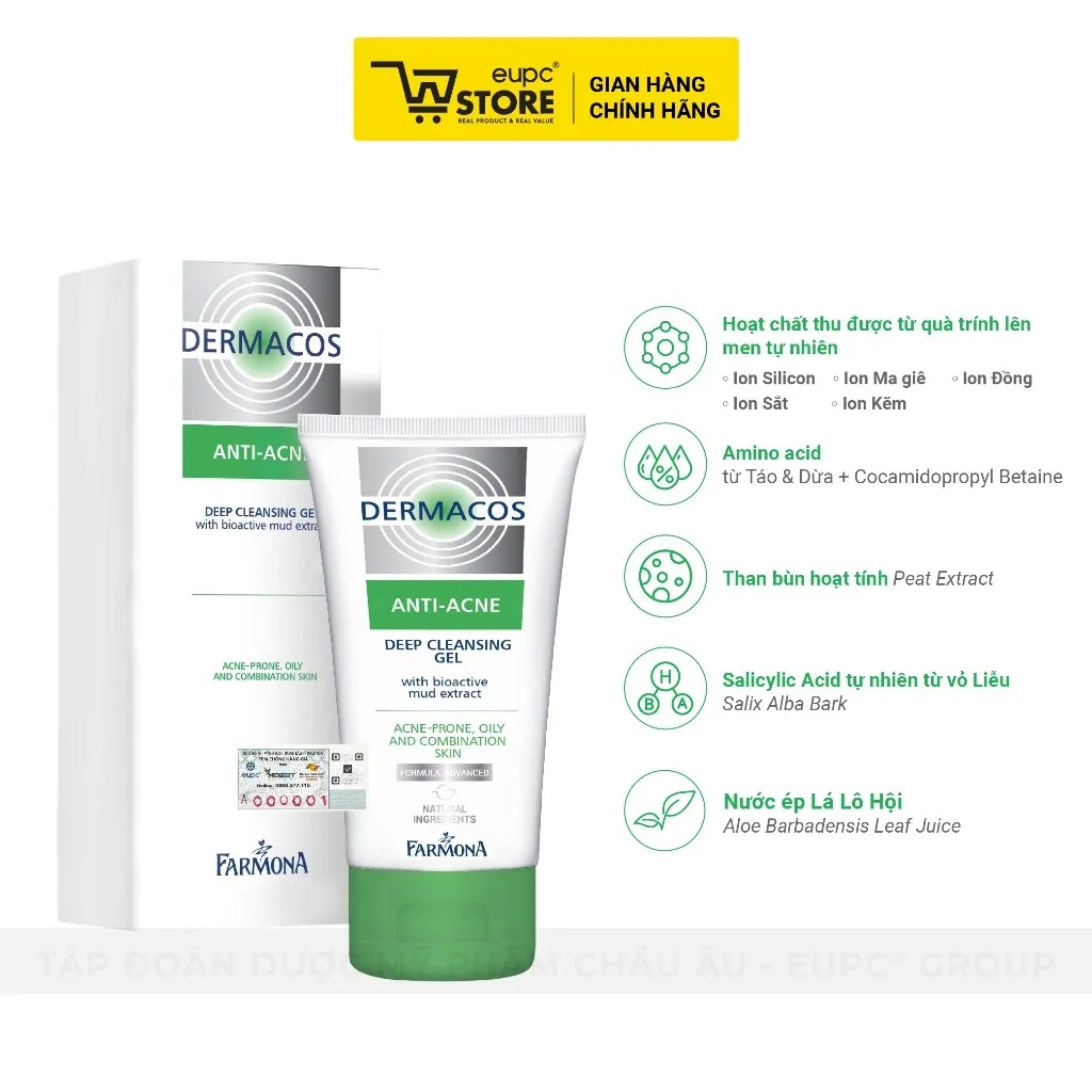 Ảnh Gel Rửa Sạch Sâu Giảm Mụn Chứa Bùn Hoạt Tính Farmona Dermacos Anti-Acne 150ml Cho Da Hỗn Hợp, Nhạy Cảm EUPC STORE 1