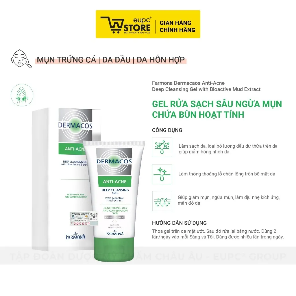 Ảnh Gel Rửa Sạch Sâu Giảm Mụn Chứa Bùn Hoạt Tính Farmona Dermacos Anti-Acne 150ml Cho Da Hỗn Hợp, Nhạy Cảm EUPC STORE 2