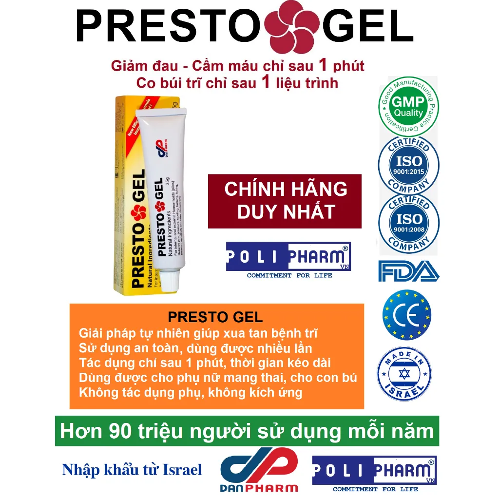 Ảnh Gel trĩ Presto gel giảm nhanh triệu chứng của trĩ, an toàn lành tính cho bà bầu, tuýp 25g, Danpharm Israel 3