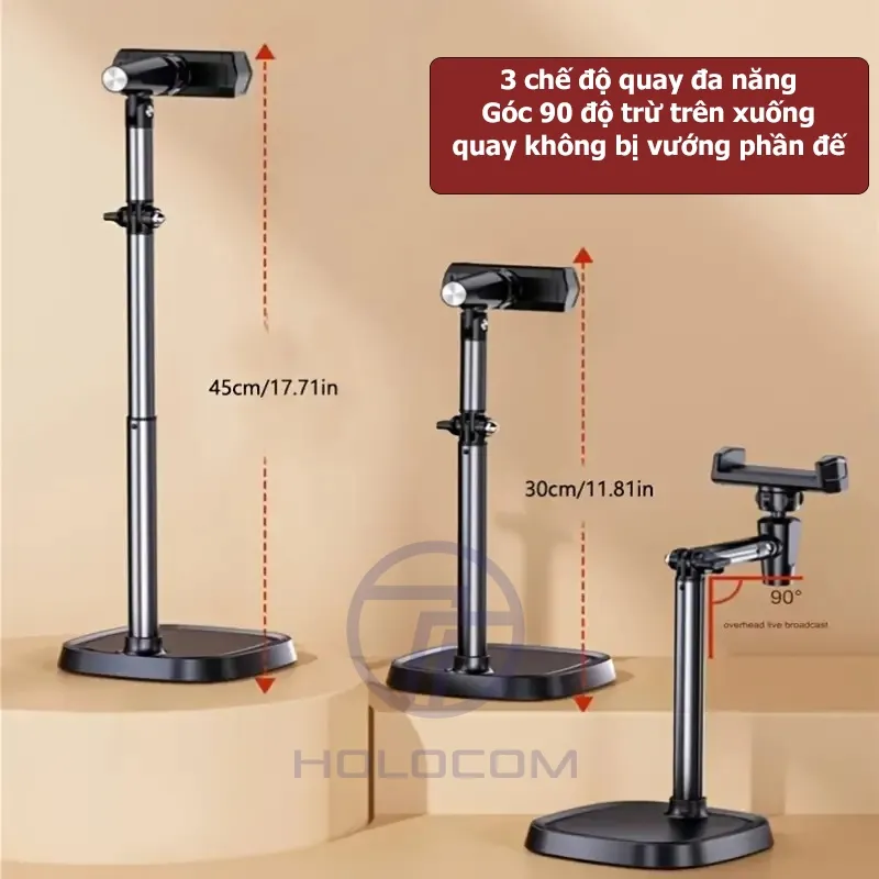 Ảnh Giá Đỡ Điện Thoại T10 Để Bàn, Chân Đỡ Livestream Bằng Kim Loại Quay 360 Độ Tùy Chỉnh Chiều Cao Góc Quay - HOLOCOM 3