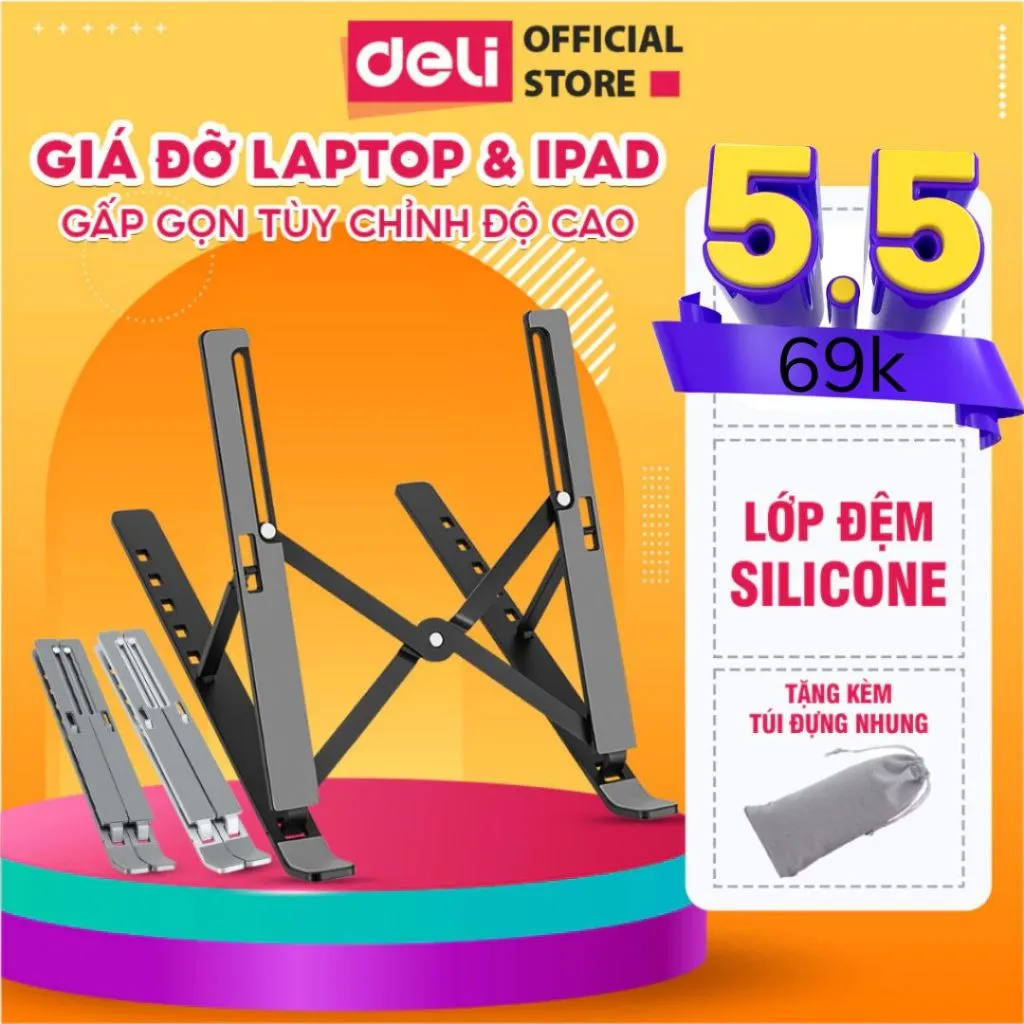 Ảnh Giá Đỡ Laptop DELI - Hợp Kim Nhôm Điều Chỉnh Độ Cao 6 Nấc Tản Nhiệt Cho Máy Tính Bảng Macbook 1