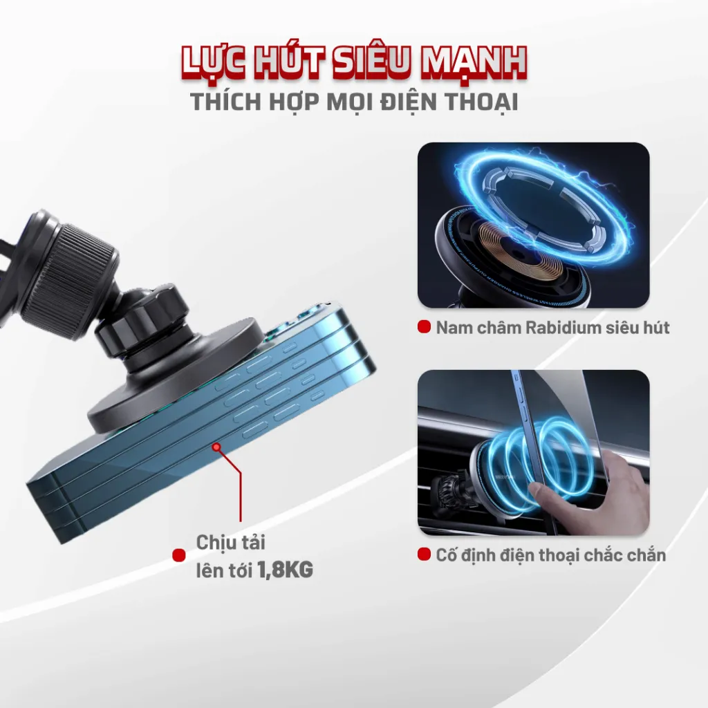 Ảnh Giá đỡ từ tính kiêm sạc nhanh không dây ô tô 15W Medicar V3, kẹp điện thoại xe hơi 2 trong 1 2