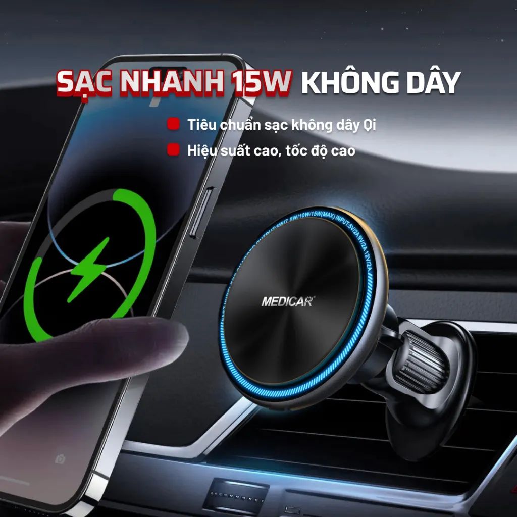 Ảnh Giá đỡ từ tính kiêm sạc nhanh không dây ô tô 15W Medicar V3, kẹp điện thoại xe hơi 2 trong 1 3
