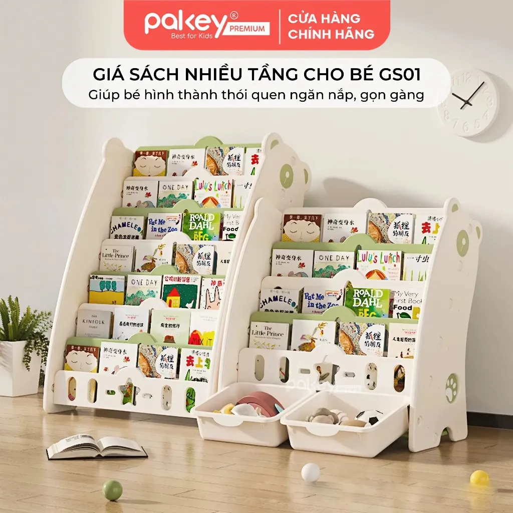 Ảnh Giá Sách 4 Tầng Cho Bé Pakey Hình Gấu Dễ Thương Kèm 2 Hộc Đựng Đồ Chơi Tiện Lợi, Kệ Đựng Sách Nhiều Ngăn 1