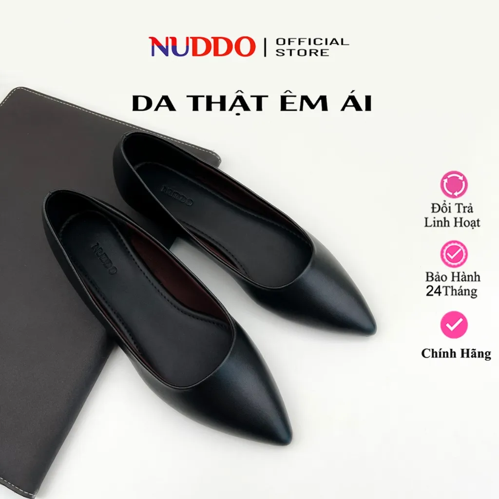 Ảnh Giày Búp Bê Bệt Nữ Mũi Nhọn Da Thật, Guốc Nữ Đế Bằng Thiết Kế Basic Siêu Êm NUDDO NT009 1