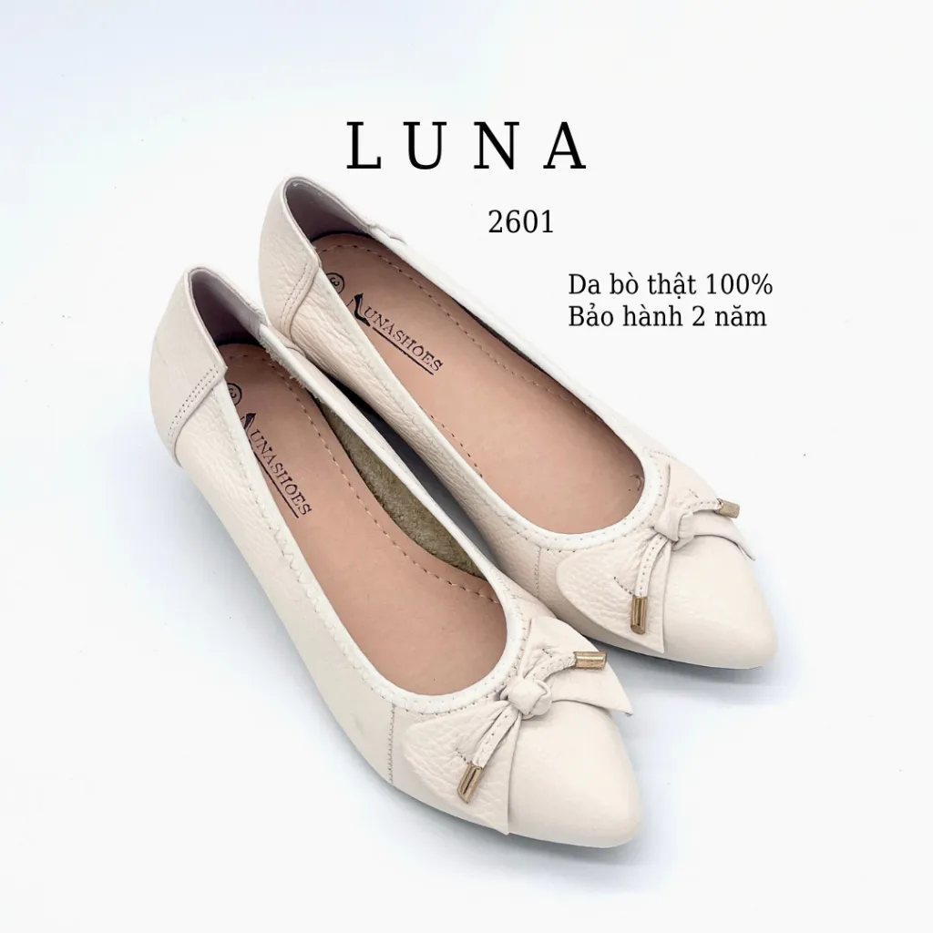 Ảnh Giày búp bê cao gót nữ 3p LUNASHOES 2601 da bò thật có nơ mũi nhọn lót êm đế chống trơn trượt 2