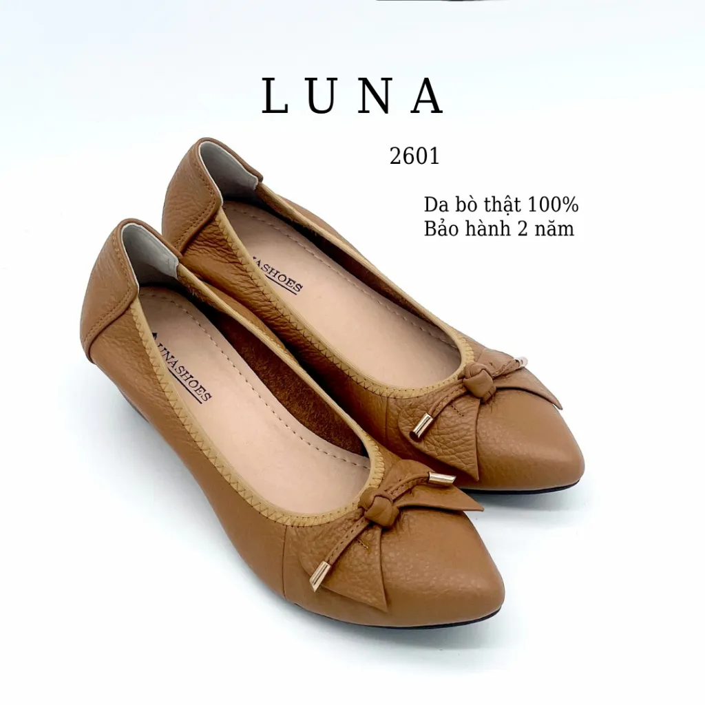 Ảnh Giày búp bê cao gót nữ 3p LUNASHOES 2601 da bò thật có nơ mũi nhọn lót êm đế chống trơn trượt 3