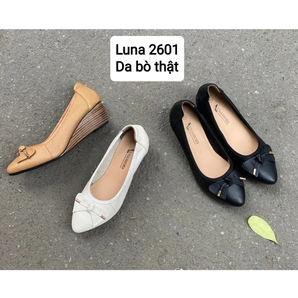 Ảnh Giày búp bê cao gót nữ 3p LUNASHOES 2601 da bò thật có nơ mũi nhọn lót êm đế chống trơn trượt 4