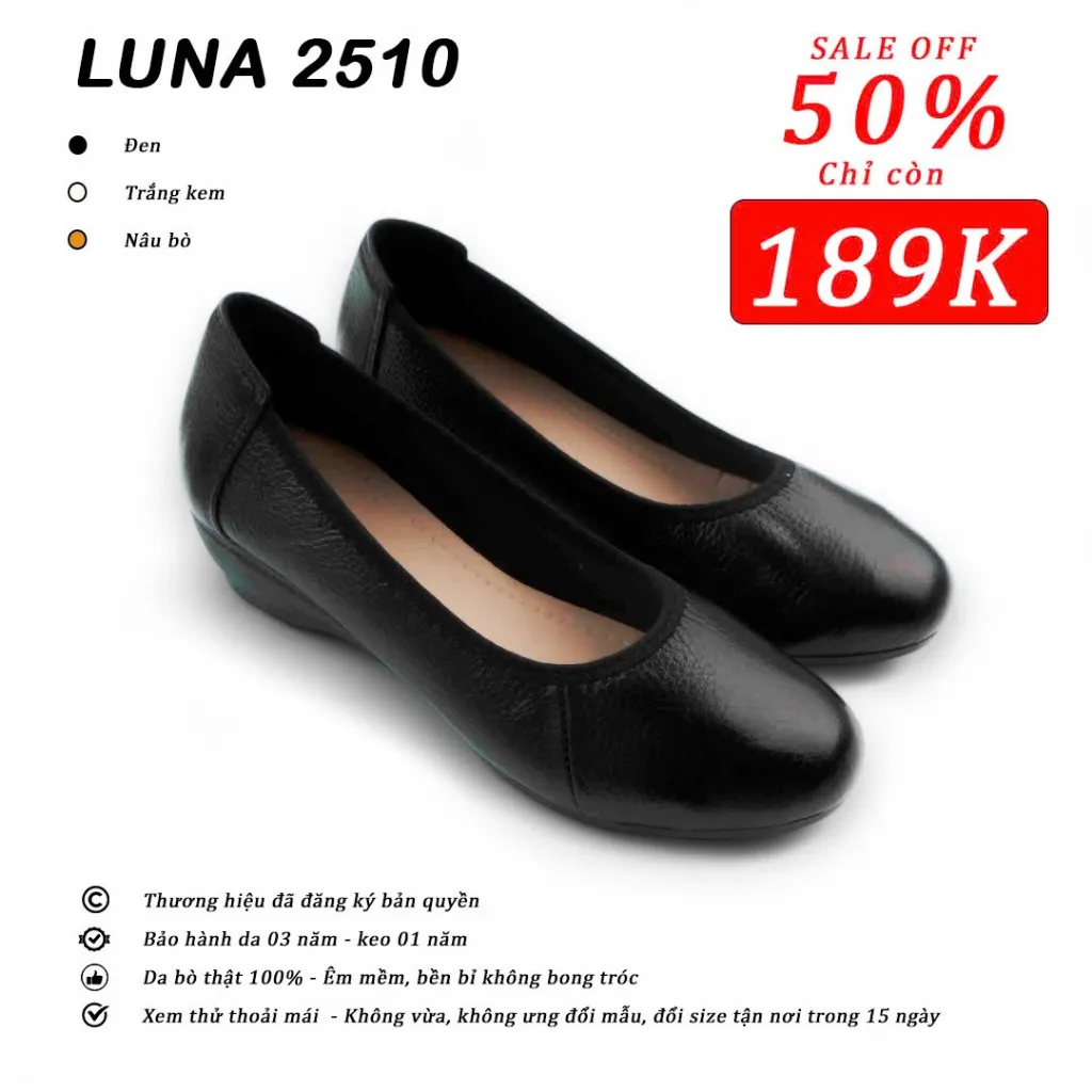 Ảnh Giày búp bê đế xuồng nữ 3p LUNASHOES 2510 mũi vuông không có nơ da bò mềm êm chân tiếp viên hàng không 1