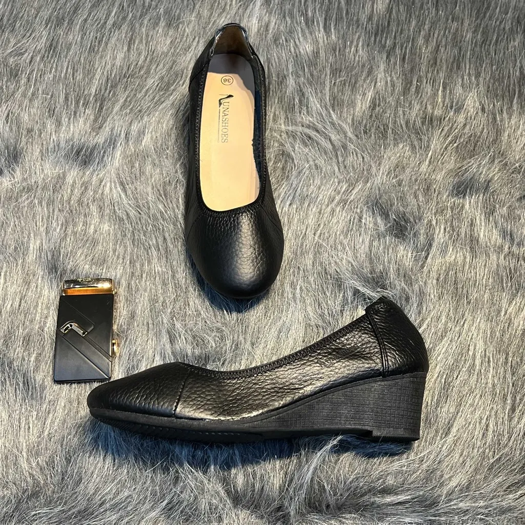 Ảnh Giày búp bê đế xuồng nữ 3p LUNASHOES 2510 mũi vuông không có nơ da bò mềm êm chân tiếp viên hàng không 4