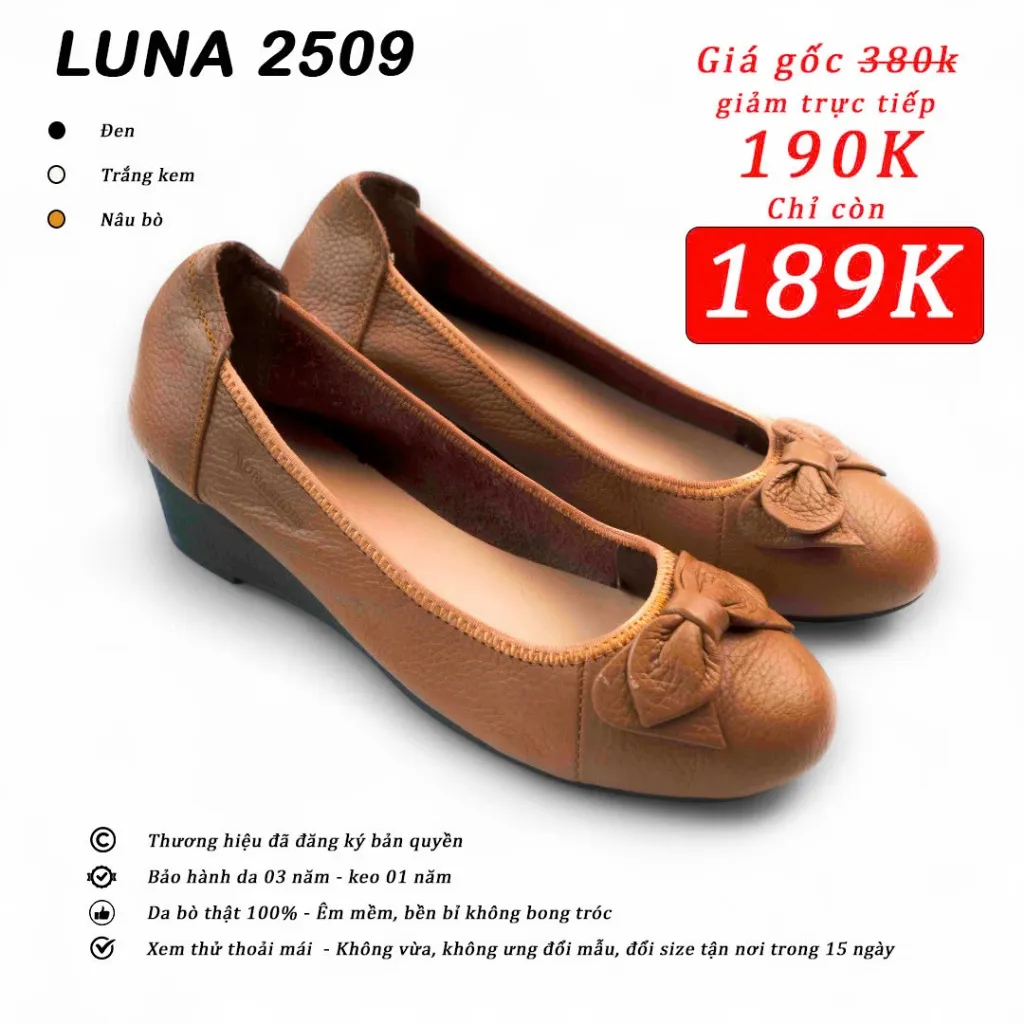Ảnh GIày búp bê nữ LUNASHOES 2509 đế xuồng 3cm da bò mềm êm chân có nơ mũi vuông bảo hành 3 năm 3