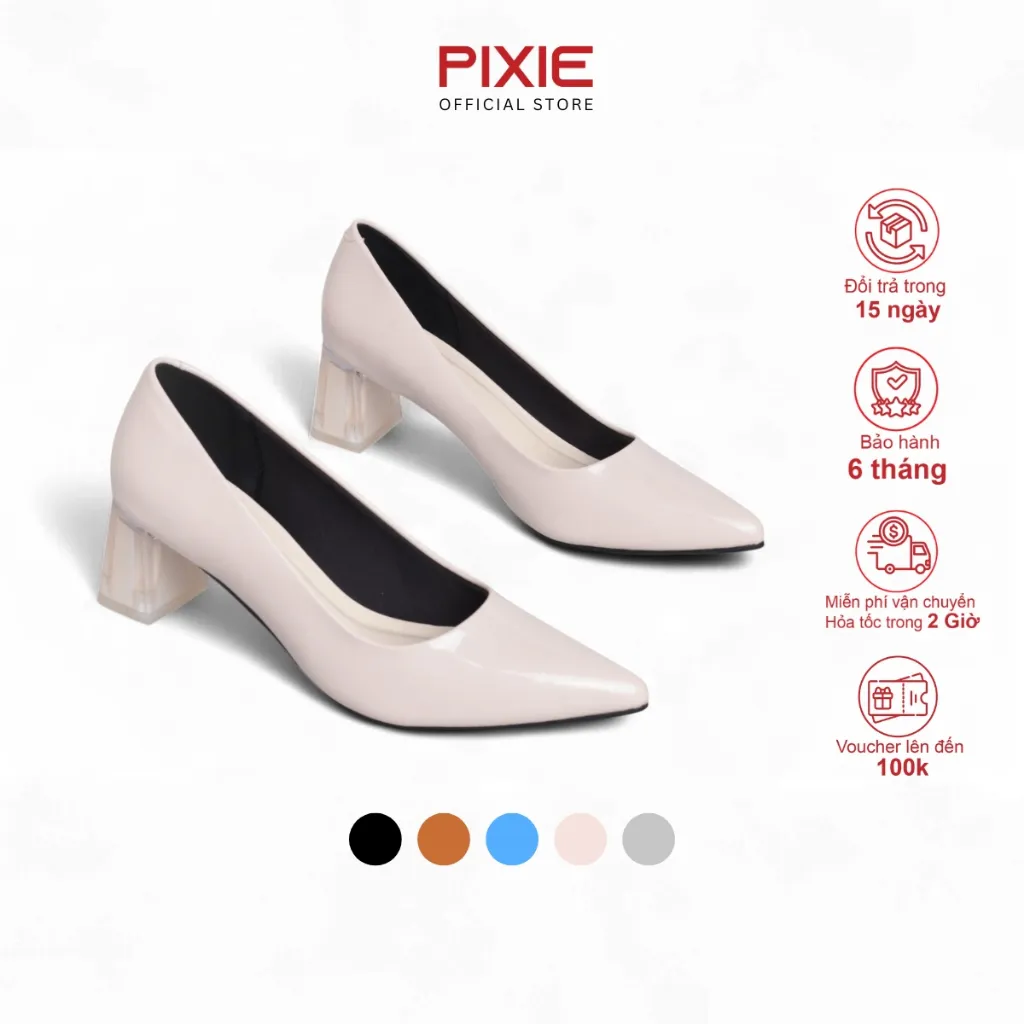 Ảnh Giày Cao Gót 5cm Da Bóng Mũi Nhọn Đế Vuông Phối Mica Pixie P006 1