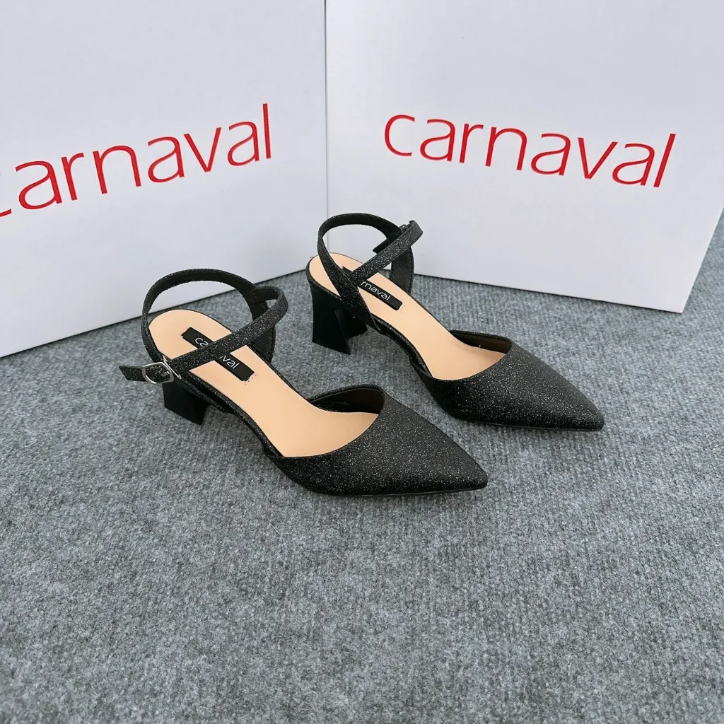 Ảnh Giày cao gót bít mũi nhọn Carnaval gót vuông cao 5 phân mạ kim tuyến siêu sang - VS27 3