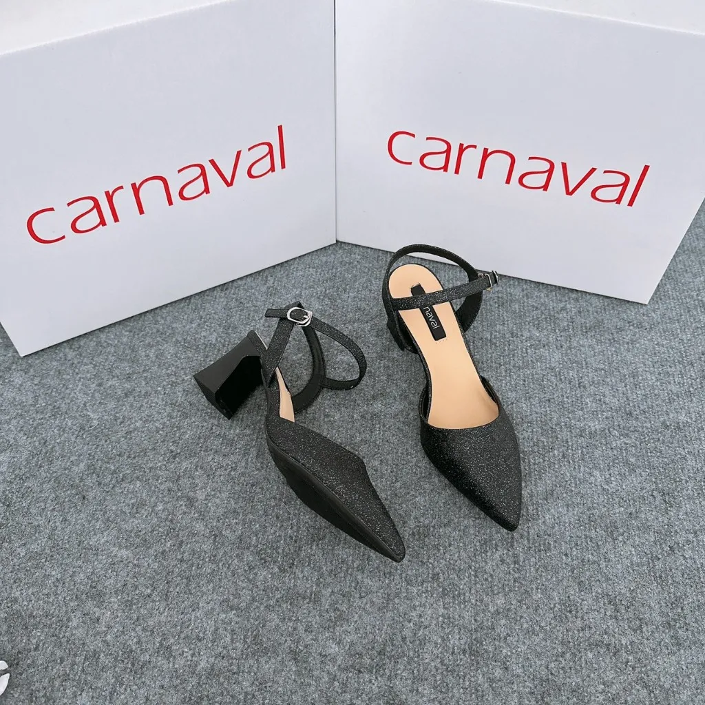 Ảnh Giày cao gót bít mũi nhọn Carnaval gót vuông cao 5 phân mạ kim tuyến siêu sang - VS27 4