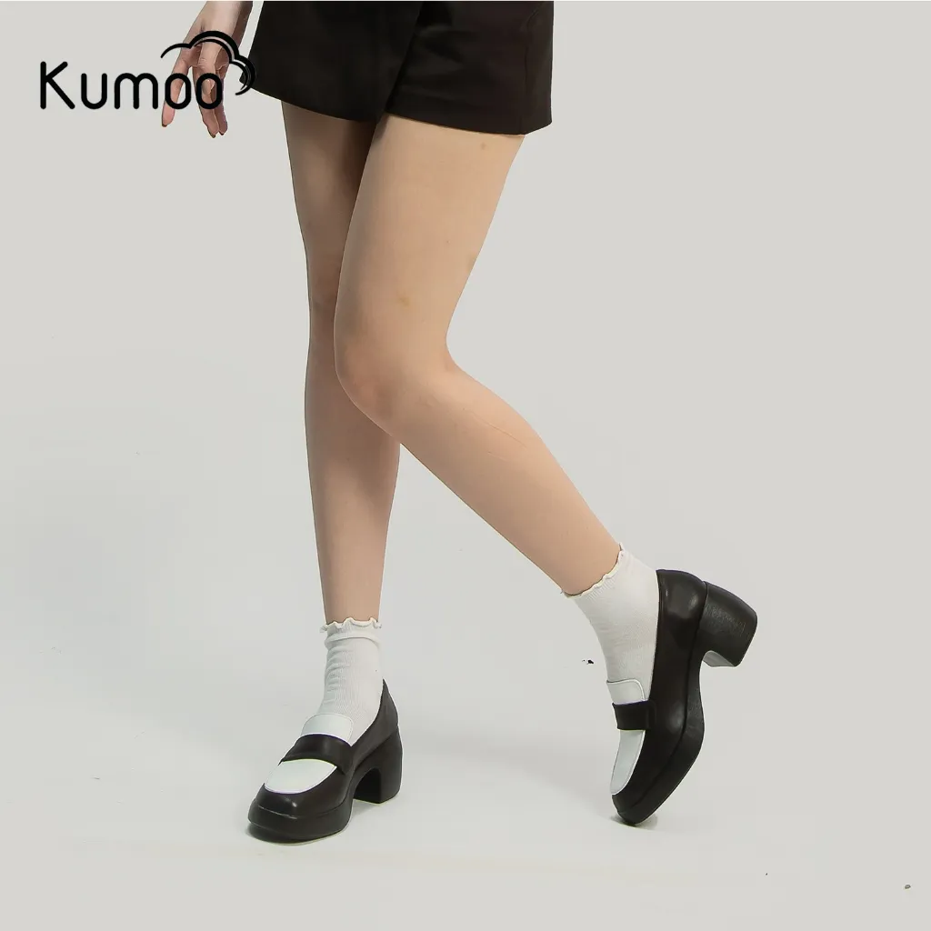 Ảnh Giày Cao Gót Kumoo ALLISHEEL GCG-KUMO-012 Màu Đen Trắng Chất Da Nappa Dáng Mary Jane Đế LugSole 7cm 3