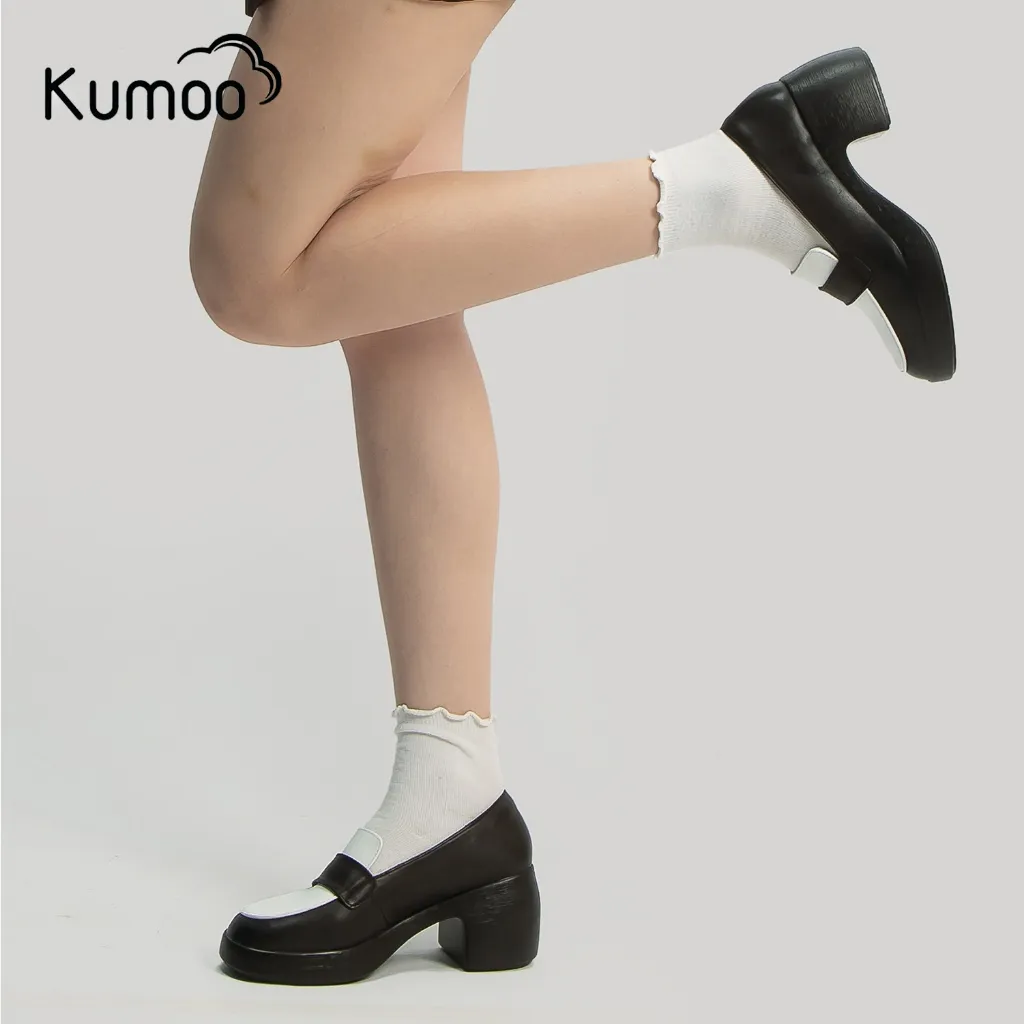 Ảnh Giày Cao Gót Kumoo ALLISHEEL GCG-KUMO-012 Màu Đen Trắng Chất Da Nappa Dáng Mary Jane Đế LugSole 7cm 4