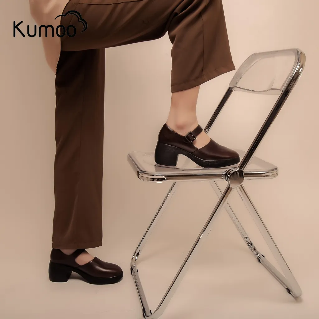 Ảnh Giày Cao Gót Nữ Công Sở KUMOO MARRY BLOCK HEEL GCG-KUMO-014-B Màu Nâu Đế 7cm Chất Da Nappa Cao Cấp 3