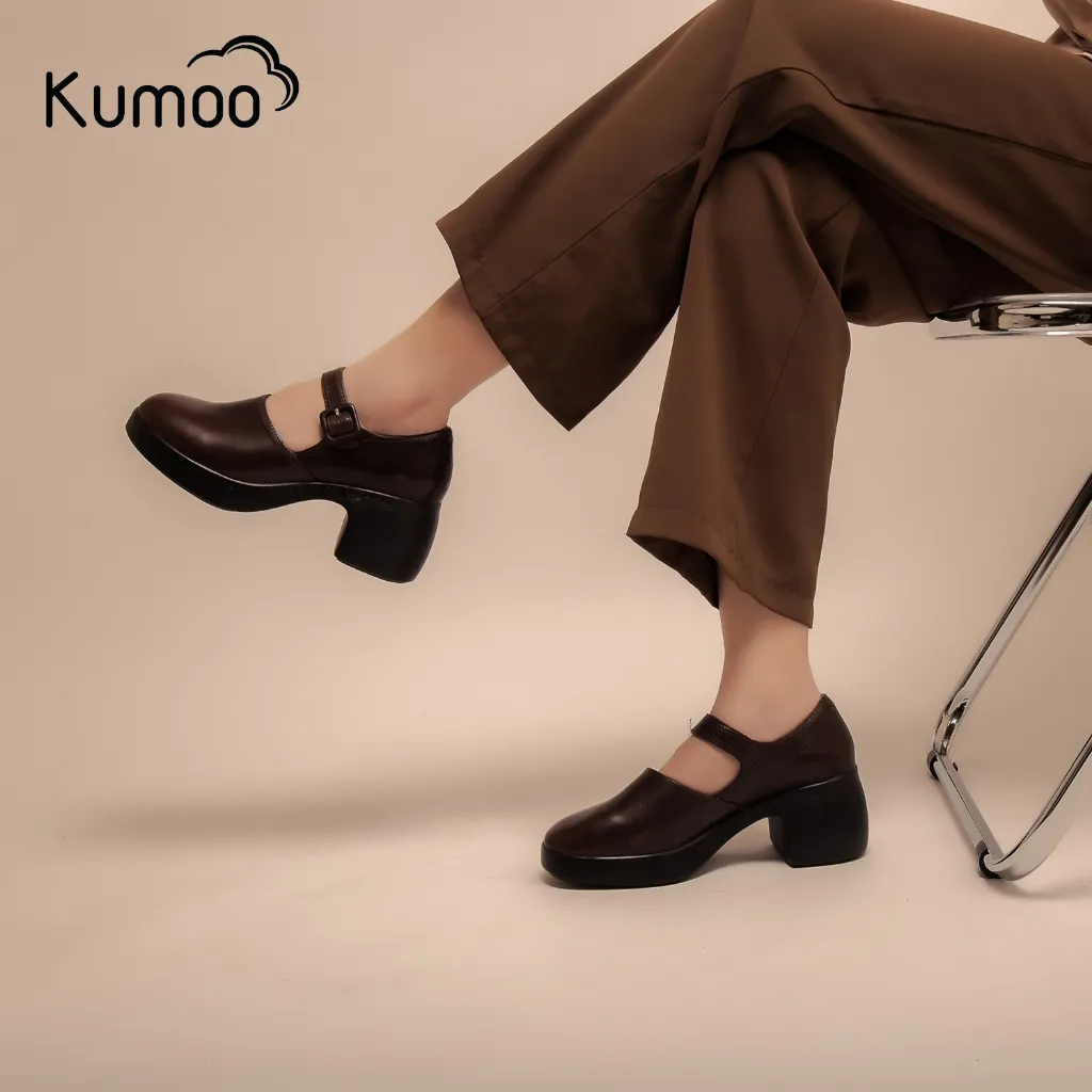 Ảnh Giày Cao Gót Nữ Công Sở KUMOO MARRY BLOCK HEEL GCG-KUMO-014-B Màu Nâu Đế 7cm Chất Da Nappa Cao Cấp 4