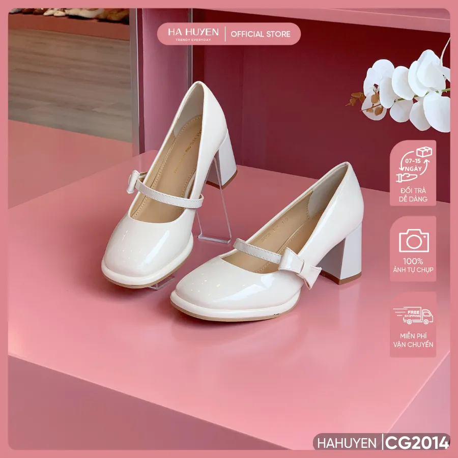 Ảnh Giày cao gót nữ, giày mary jane HÀ HUYỀN bóng mép nổi nơ thắt hông gót vuông 7cm - CG2014 1