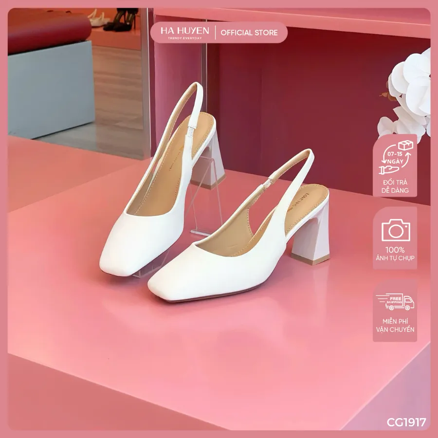 Ảnh Giày cao gót nữ HÀ HUYỀN da lì mũi vuông trơn quai hậu gót dẹt 8cm - CG1917 1