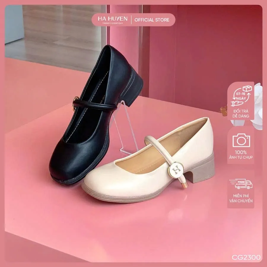 Ảnh Giày cao gót nữ HÀ HUYỀN da lì quai ngang nút tròn chữ H đế cao su 4cm - CG2300 1