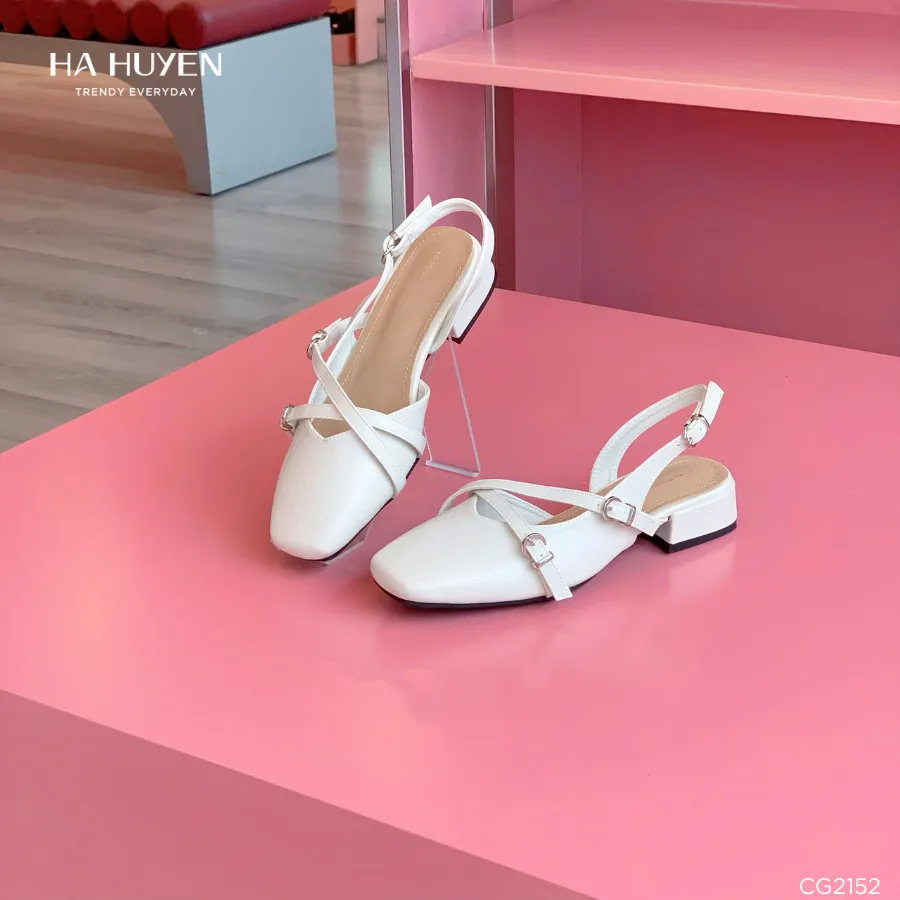 Ảnh Giày cao gót nữ HÀ HUYỀN da lì cut V 2 quai chéo cài khóa gót vuông 3cm - CG2152 3
