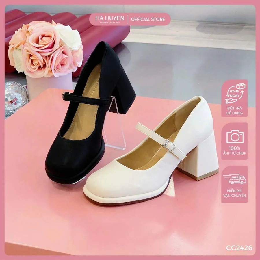 Ảnh Giày cao gót nữ HÀ HUYỀN da lì mép nổi khuy cài kín gót gót vuông 7cm - CG2426 1