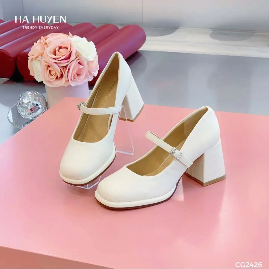 Ảnh Giày cao gót nữ HÀ HUYỀN da lì mép nổi khuy cài kín gót gót vuông 7cm - CG2426 2