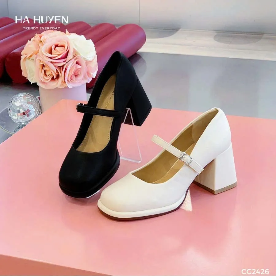 Ảnh Giày cao gót nữ HÀ HUYỀN da lì mép nổi khuy cài kín gót gót vuông 7cm - CG2426 3