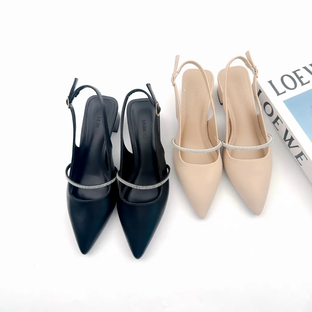 Ảnh Giày Cao Gót Nữ Mũi Nhọn 3cm Da Thật Phối Quai Đá NUDDO, Guốc Slingback Nữ Đế Vuông Cao Cấp N3900D 2