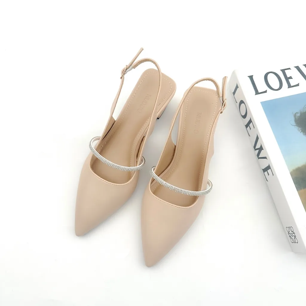 Ảnh Giày Cao Gót Nữ Mũi Nhọn 3cm Da Thật Phối Quai Đá NUDDO, Guốc Slingback Nữ Đế Vuông Cao Cấp N3900D 3