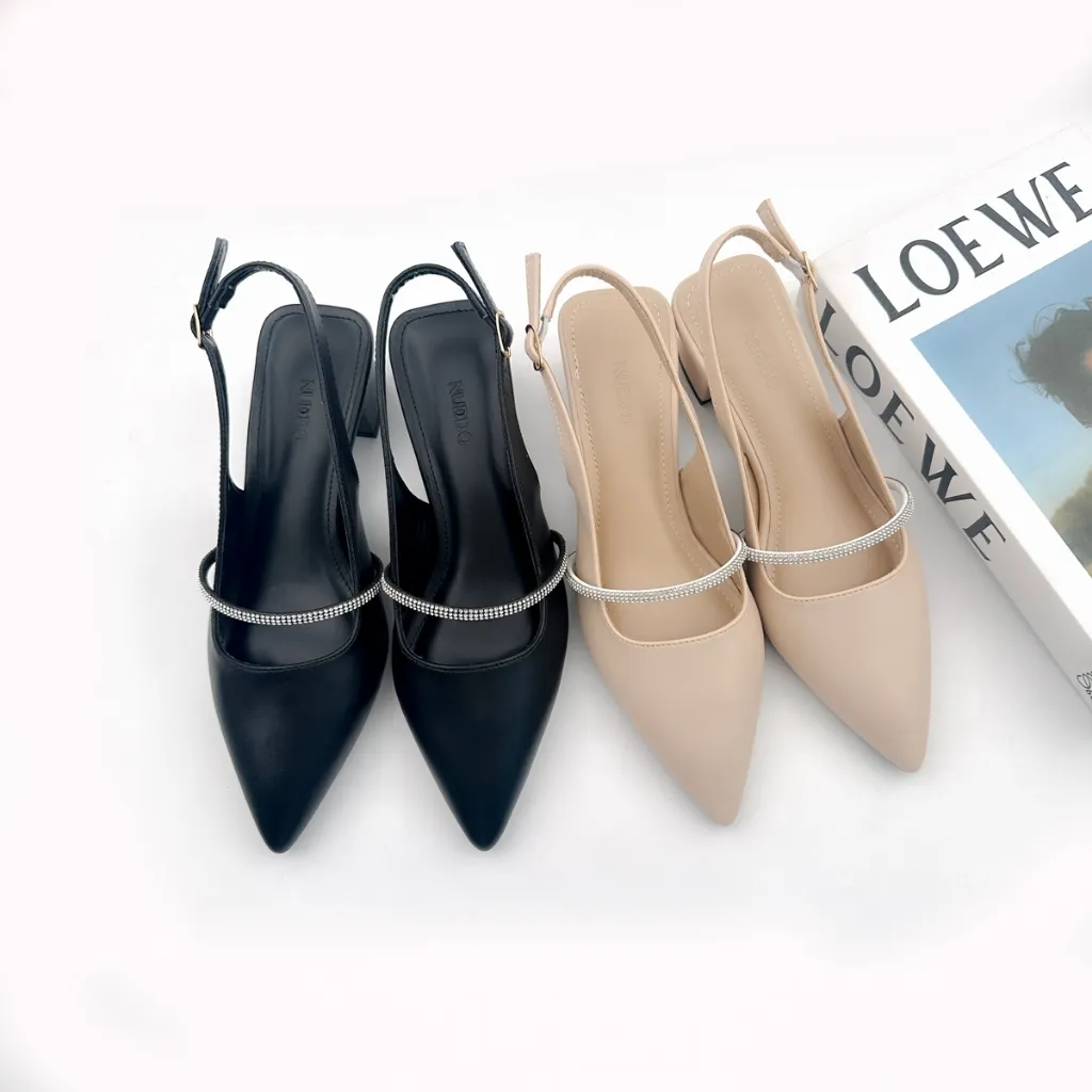 Ảnh Giày Cao Gót Nữ Mũi Nhọn 3cm Da Thật Phối Quai Đá NUDDO, Guốc Slingback Nữ Đế Vuông Cao Cấp N3900D 4