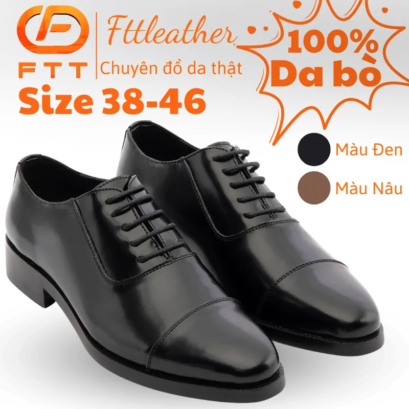 Ảnh Giày Da Bò Chà Bóng Chống Nhăn Oxford Captoe FTT Leather, Đế Cao Cấp Chống Trơn, Màu Đen/Nâu - F0302 1