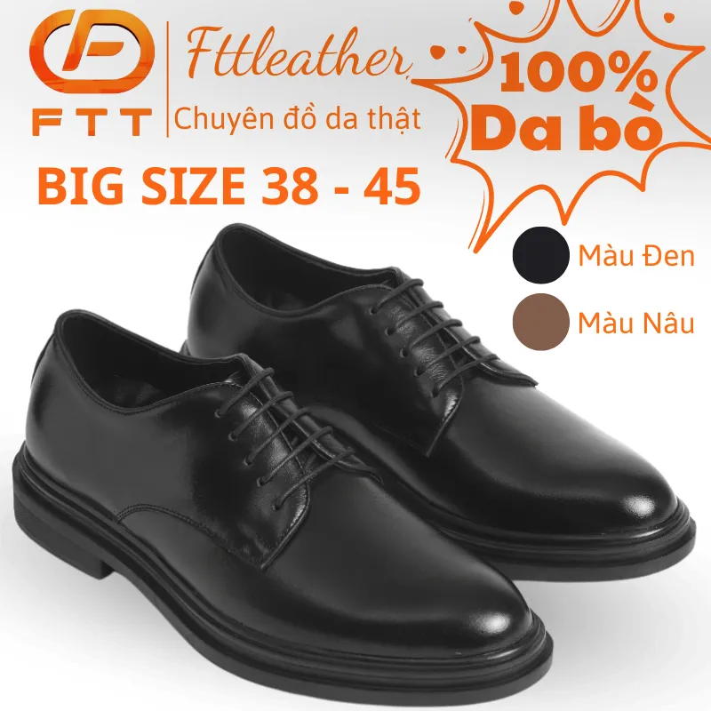 Ảnh Giày da bò nam FTT Leather Derby trơn tăng chiều cao màu đen mã F0301 1