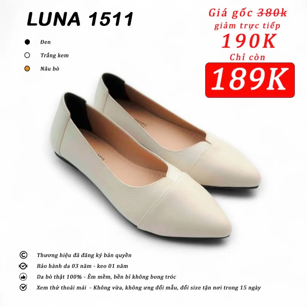 Ảnh Giày da bò nữ LUNASHOES 1511 mũi nhọn đế bằng bảo hành 3 năm 1 đổi 1 hàng vnxk êm chân dễ đi 2