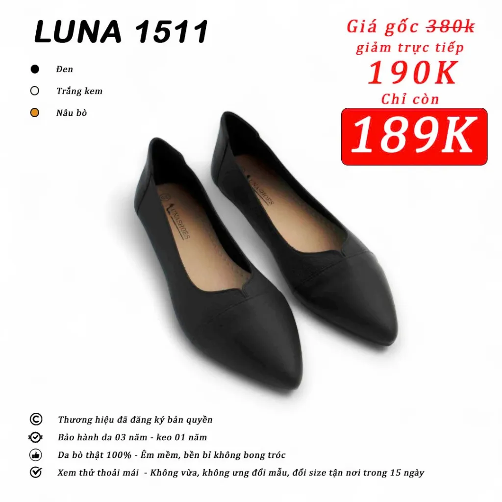 Ảnh Giày da bò nữ LUNASHOES 1511 mũi nhọn đế bằng bảo hành 3 năm 1 đổi 1 hàng vnxk êm chân dễ đi 3