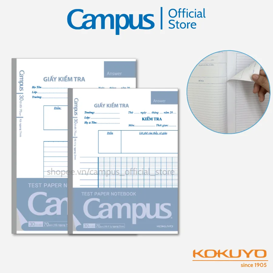 Ảnh Giấy Kiểm Tra Dạng Vở Xé, SL 30 tờ đôi, A5/B5, kẻ ngang/4 ly ngang, ĐL 70gsm, Chính Hãng Campus 1