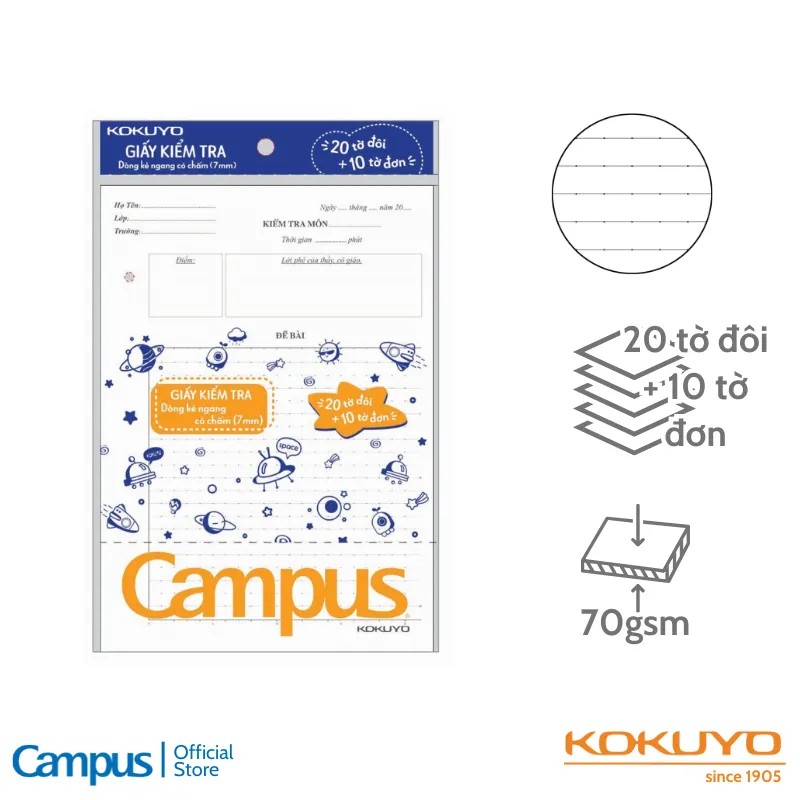 Ảnh Giấy Kiểm Tra Học Sinh Cấp 2 3 Khổ B5 Ruột Kẻ Ngang Có Chấm 7mm/ Kẻ Ngang 7mm Dạng Túi Tiện Lợi Chính Hãng Campus 2