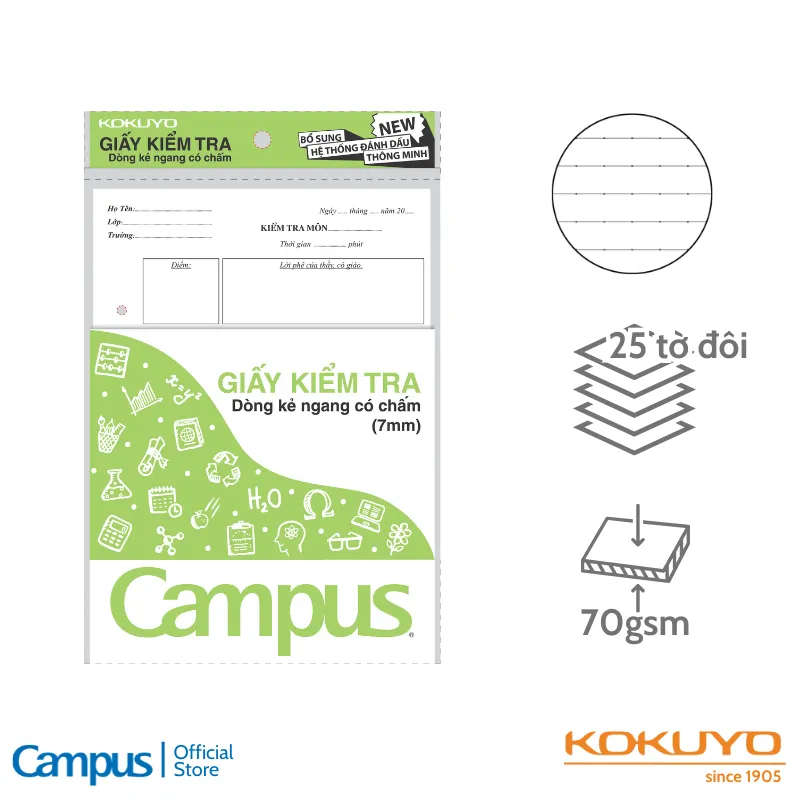 Ảnh Giấy Kiểm Tra Học Sinh Cấp 2 3 Khổ B5 Ruột Kẻ Ngang Có Chấm 7mm/ Kẻ Ngang 7mm Dạng Túi Tiện Lợi Chính Hãng Campus 3