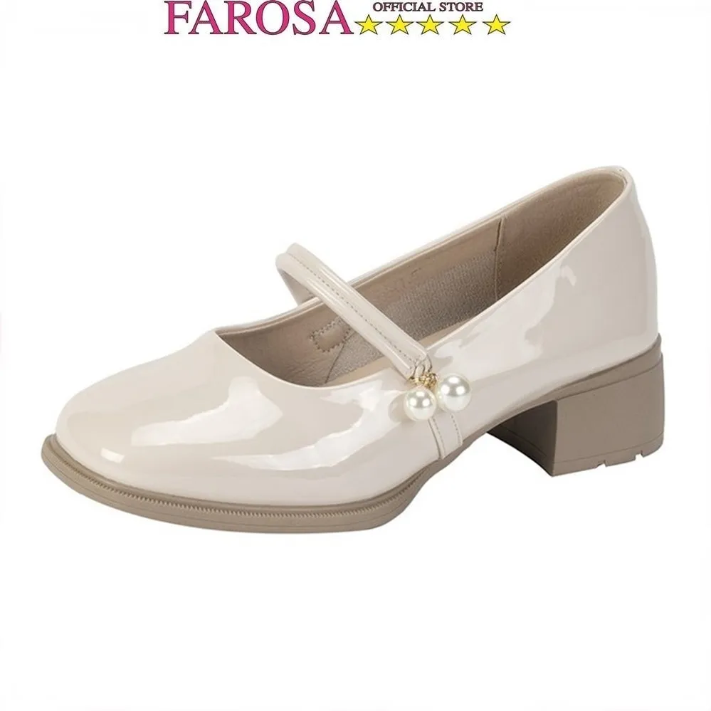 Giày Marry Janes Nữ Đế Cao 5cm FAROSA TV69 Da Bóng, Hạt Ngọc - Cực Xinh!